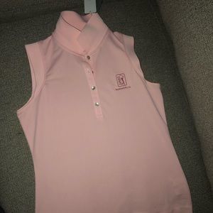 Sleeveless pink cutter and buck drytec golf shirt